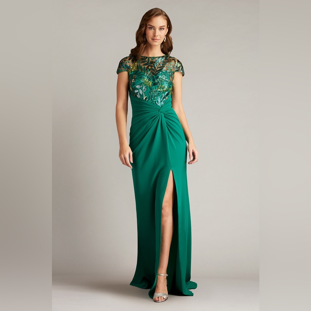Tadashi Shoji Emerald Green Embroidered Bodice Maxi Dress